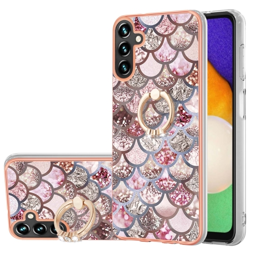 For Samsung Galaxy A55 5G Electroplating IMD TPU Phone Case with Ring(Pink Scales) 4 tier rose gold tone metal jewelry stand organizer t bar necklace and bracelet display with stone base ring tray