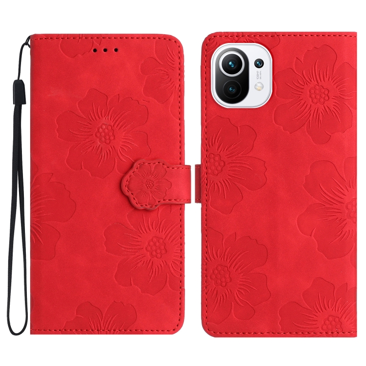 

For Xiaomi Mi 11 Lite Flower Embossing Pattern Leather Phone Case(Red)