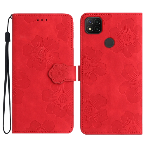 

For Xiaomi Redmi 9C Flower Embossing Pattern Leather Phone Case(Red)