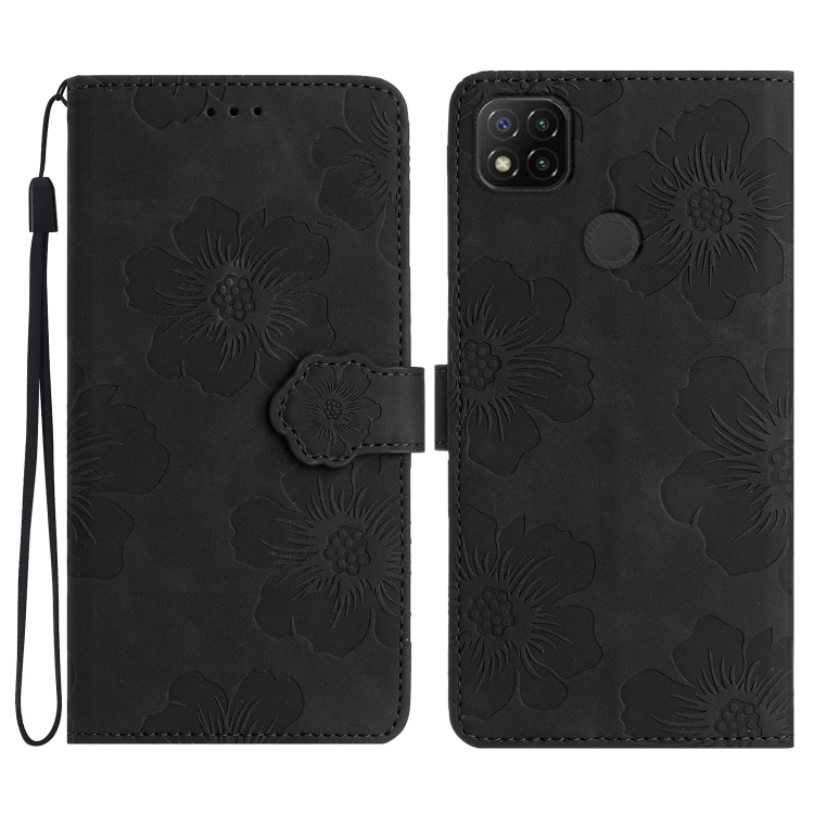 

For Xiaomi Redmi 9C Flower Embossing Pattern Leather Phone Case(Black)