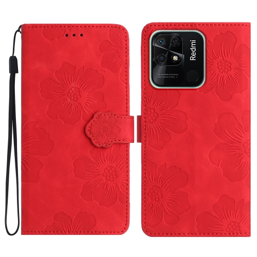 

For Xiaomi Redmi 10C Flower Embossing Pattern Leather Phone Case(Red)