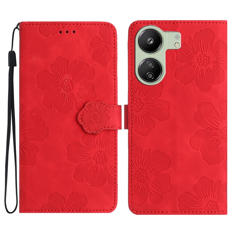

For Xiaomi Redmi 13C 4G Flower Embossing Pattern Leather Phone Case(Red)