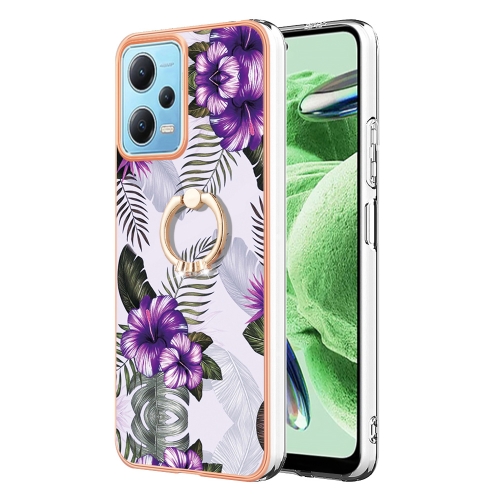 

For Xiaomi Redmi Note 12 5G Global/Poco X5 5G Electroplating IMD TPU Phone Case with Ring(Purple Flower)