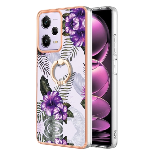

For Xiaomi Poco X5 Pro 5G Electroplating IMD TPU Phone Case with Ring(Purple Flower)