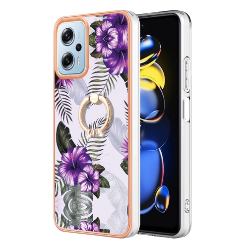 

For Xiaomi Redmi Note 11T Pro/Note 11T Pro+ Electroplating IMD TPU Phone Case with Ring(Purple Flower)