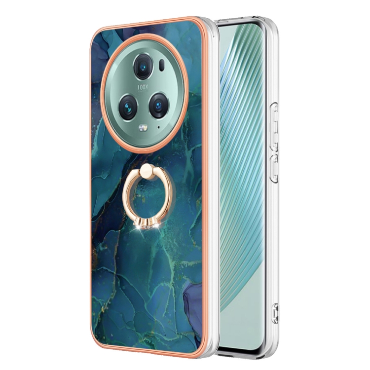 

For Honor Magic5 Pro Electroplating Marble Dual-side IMD Phone Case with Ring(Green 017)