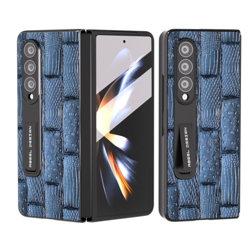 

For Samsung Galaxy Z Fold3 5G ABEEL Integrated Genuine Leather Mahjong Texture Series Phone Case with Holder(Blue)