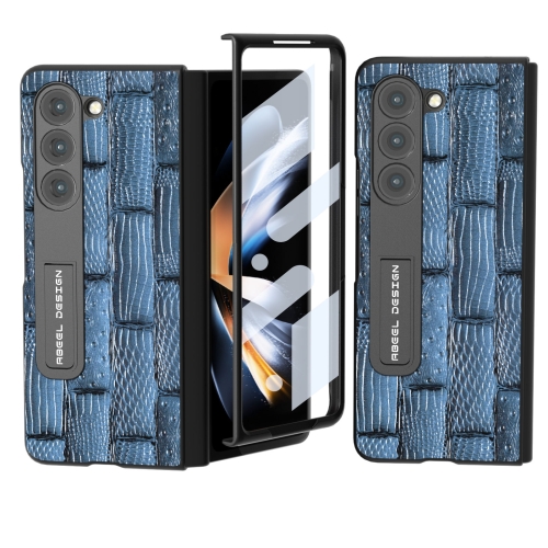 

For Samsung Galaxy Z Fold5 ABEEL Integrated Genuine Leather Mahjong Texture Series Phone Case with Holder(Blue)