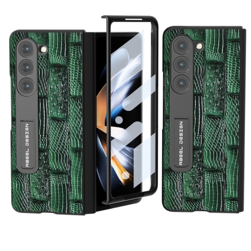 

For Samsung Galaxy Z Fold5 ABEEL Integrated Genuine Leather Mahjong Texture Series Phone Case with Holder(Green)