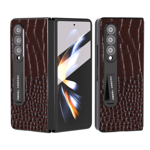 

For Samsung Galaxy Z Fold4 5G ABEEL Integrated Genuine Leather Crocodile Pattern Phone Case with Holder(Coffee)