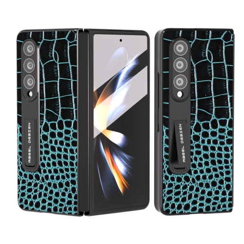 

For Samsung Galaxy Z Fold4 5G ABEEL Integrated Genuine Leather Crocodile Pattern Phone Case with Holder(Blue)