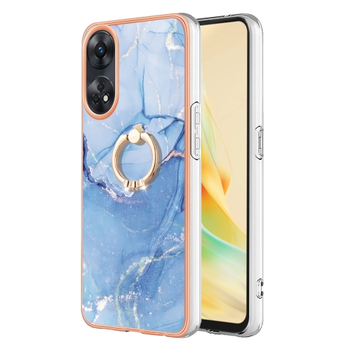 

For OPPO Reno8 T 4G Electroplating Marble Dual-side IMD Phone Case with Ring(Blue 018)