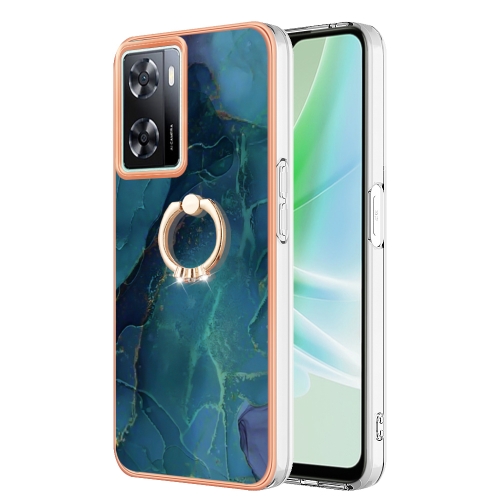 

For OPPO A57 4G/A77 5G Taiwan/K10 5G Global Electroplating Marble Dual-side IMD Phone Case with Ring(Green 017)