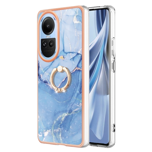 

For OPPO Reno10 5G Global Electroplating Marble Dual-side IMD Phone Case with Ring(Blue 018)