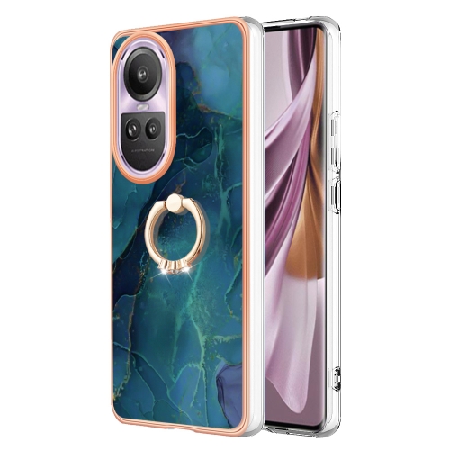 

For OPPO Reno10 Pro 5G Global Electroplating Marble Dual-side IMD Phone Case with Ring(Green 017)