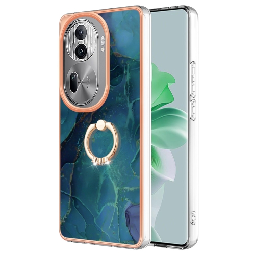 

For OPPO Reno11 Pro 5G Global Electroplating Marble Dual-side IMD Phone Case with Ring(Green 017)