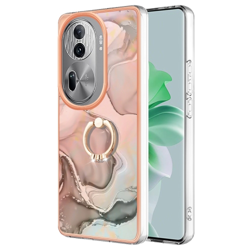 

For OPPO Reno11 Pro 5G Global Electroplating Marble Dual-side IMD Phone Case with Ring(Rose Gold 015)