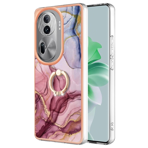 

For OPPO Reno11 Pro 5G Global Electroplating Marble Dual-side IMD Phone Case with Ring(Rose Red 014)