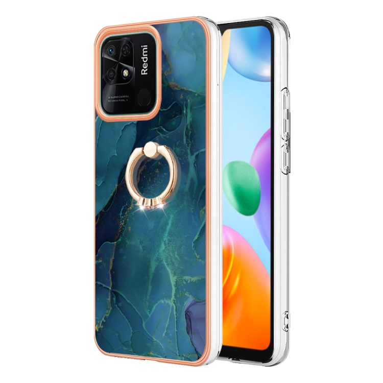 

For Xiaomi Redmi 10C Electroplating Marble Dual-side IMD Phone Case with Ring(Green 017)
