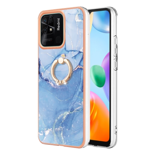 

For Xiaomi Redmi 10C Electroplating Marble Dual-side IMD Phone Case with Ring(Blue 018)