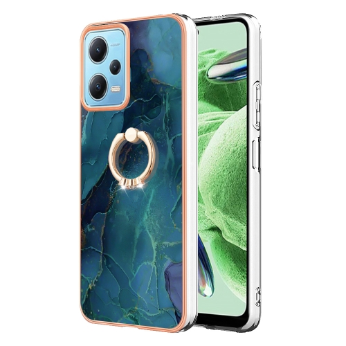 

For Xiaomi Redmi Note 12 5G Global/Poco X5 5G Electroplating Marble Dual-side IMD Phone Case with Ring(Green 017)