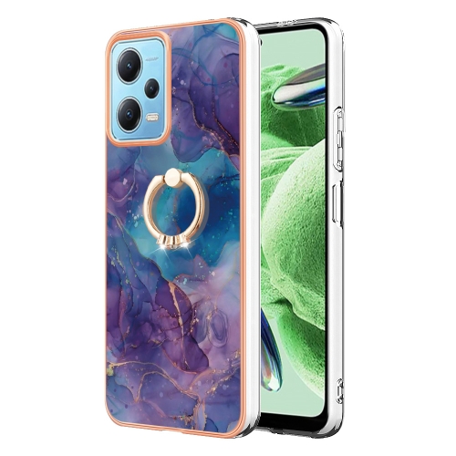 

For Xiaomi Redmi Note 12 5G Global/Poco X5 5G Electroplating Marble Dual-side IMD Phone Case with Ring(Purple 016)