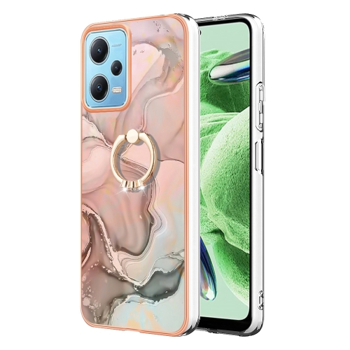 

For Xiaomi Redmi Note 12 5G Global/Poco X5 5G Electroplating Marble Dual-side IMD Phone Case with Ring(Rose Gold 015)
