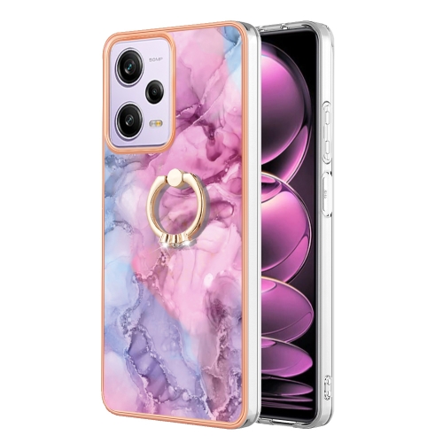 

For Xiaomi Redmi Note 12 Pro 5G Global Electroplating Marble Dual-side IMD Phone Case with Ring(Pink 013)