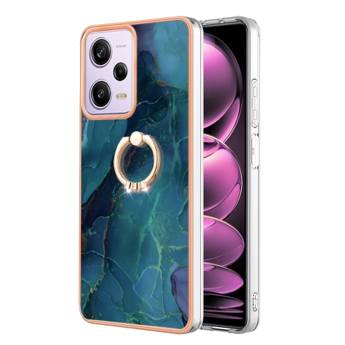 

For Xiaomi Poco X5 Pro 5G Electroplating Marble Dual-side IMD Phone Case with Ring(Green 017)