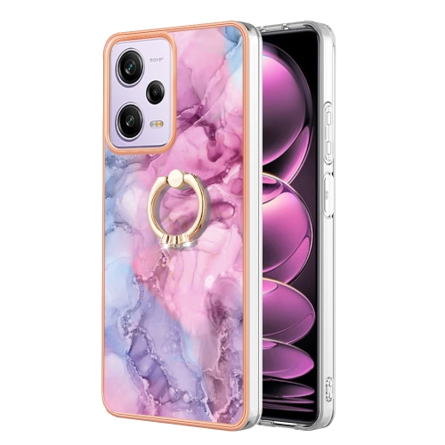 

For Xiaomi Poco X5 Pro 5G Electroplating Marble Dual-side IMD Phone Case with Ring(Pink 013)