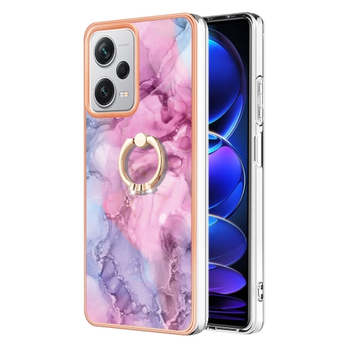 

For Xiaomi Redmi Note 12 Pro+ Global Electroplating Marble Dual-side IMD Phone Case with Ring(Pink 013)