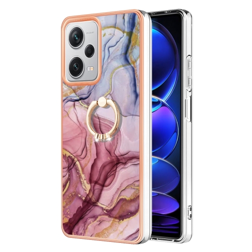 

For Xiaomi Redmi Note 12 Pro+ Global Electroplating Marble Dual-side IMD Phone Case with Ring(Rose Red 014)