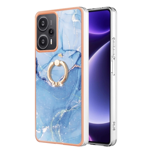 

For Xiaomi Poco F5 5G / Redmi Note 12 Turbo Electroplating Marble Dual-side IMD Phone Case with Ring(Blue 018)