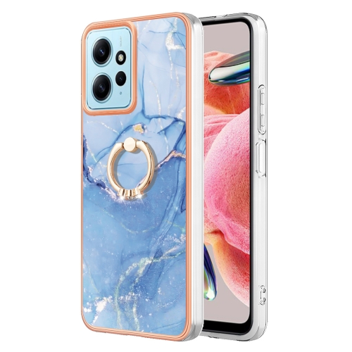 

For Xiaomi Redmi Note 12 4G Global Electroplating Marble Dual-side IMD Phone Case with Ring(Blue 018)