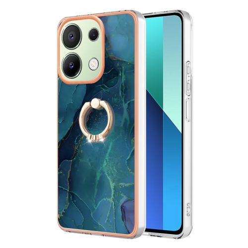 

For Xiaomi Redmi Note 13 4G Global Electroplating Marble Dual-side IMD Phone Case with Ring(Green 017)