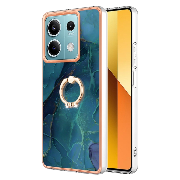 

For Xiaomi Redmi Note 13 5G Global Electroplating Marble Dual-side IMD Phone Case with Ring(Green 017)