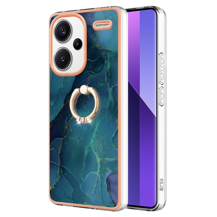 

For Xiaomi Redmi Note 13 Pro+ 5G Electroplating Marble Dual-side IMD Phone Case with Ring(Green 017)