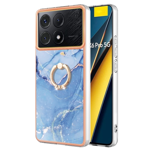 

For Xiaomi Poco X6 Pro / Redmi K70E Electroplating Marble Dual-side IMD Phone Case with Ring(Blue 018)