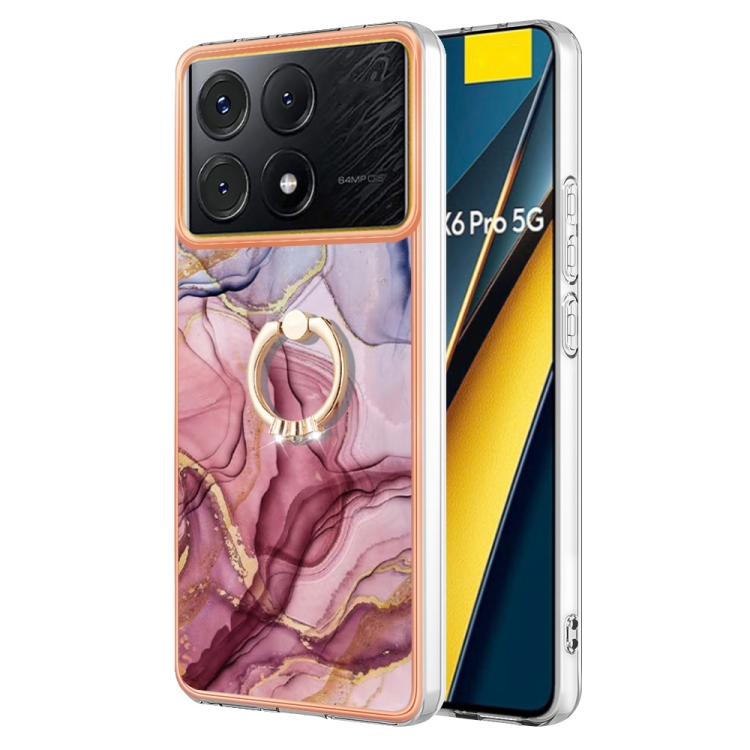 

For Xiaomi Poco X6 Pro / Redmi K70E Electroplating Marble Dual-side IMD Phone Case with Ring(Rose Red 014)