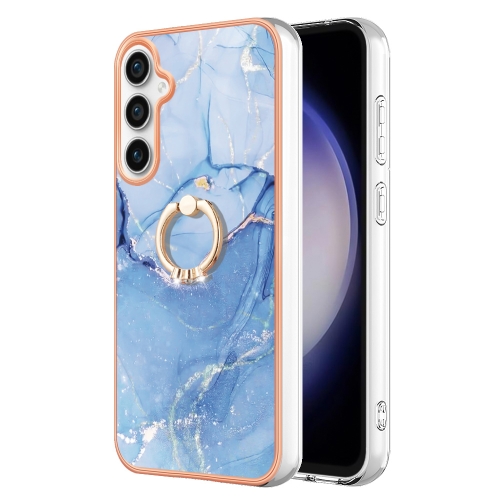 

For Samsung Galaxy S23 FE 5G Electroplating Marble Dual-side IMD Phone Case with Ring(Blue 018)