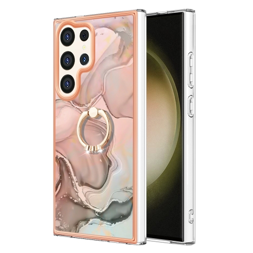 

For Samsung Galaxy S24 Ultra 5G Electroplating Marble Dual-side IMD Phone Case with Ring(Rose Gold 015)