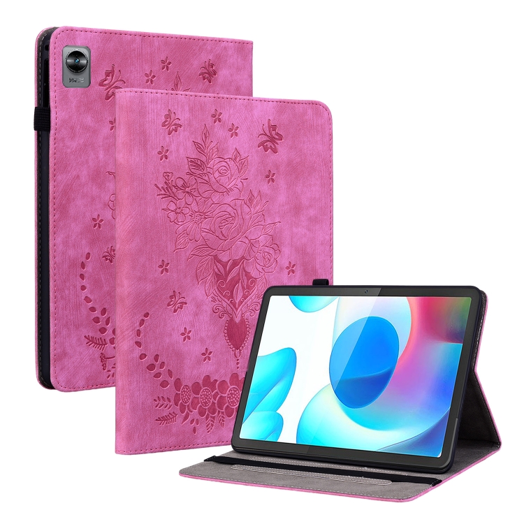 

For Realme Pad Mini Butterfly Rose Embossed Leather Tablet Case(Rose Red)