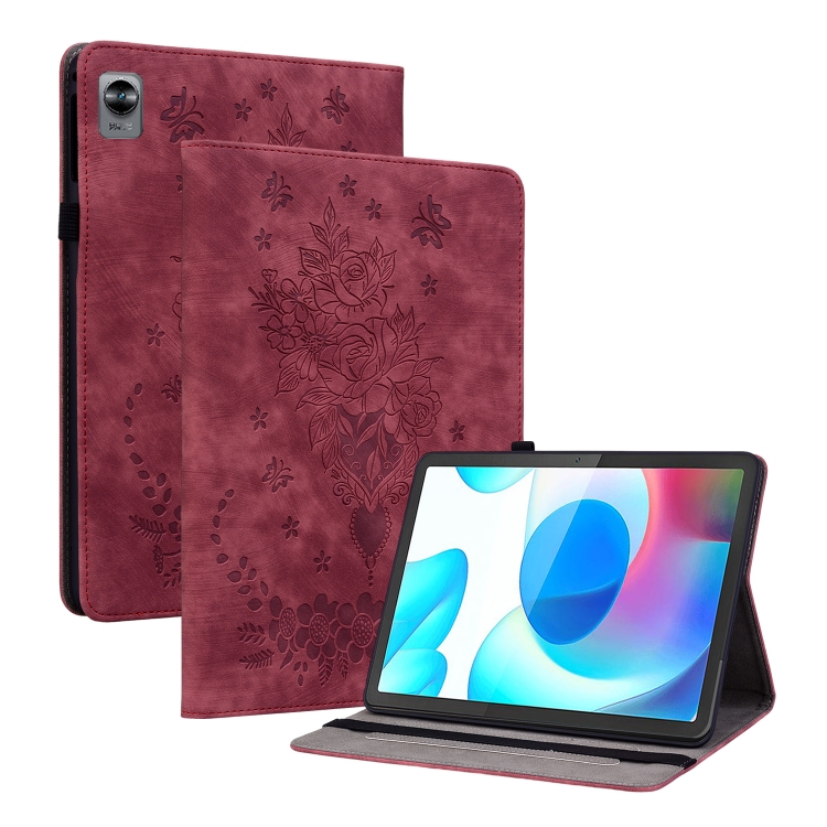 

For Realme Pad Mini Butterfly Rose Embossed Leather Tablet Case(Red)