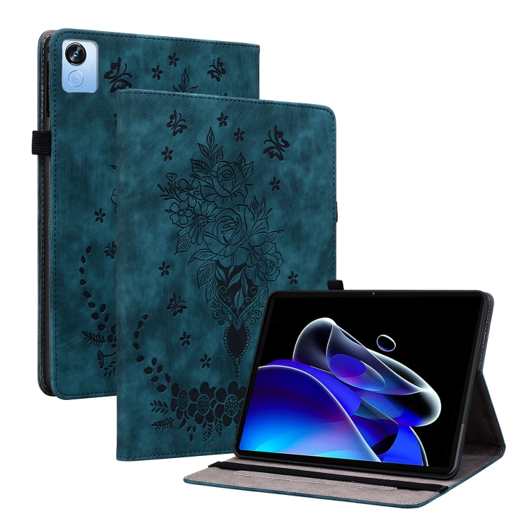 

For Realme Pad X Butterfly Rose Embossed Leather Tablet Case(Dark Blue)