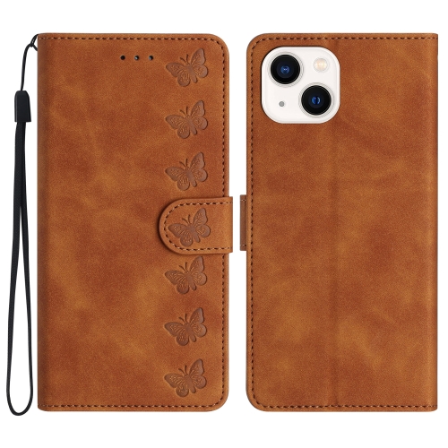 

For iPhone 14 Seven Butterflies Embossed Leather Phone Case(Brown)