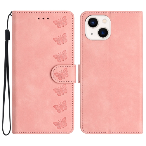 

For iPhone 14 Seven Butterflies Embossed Leather Phone Case(Pink)