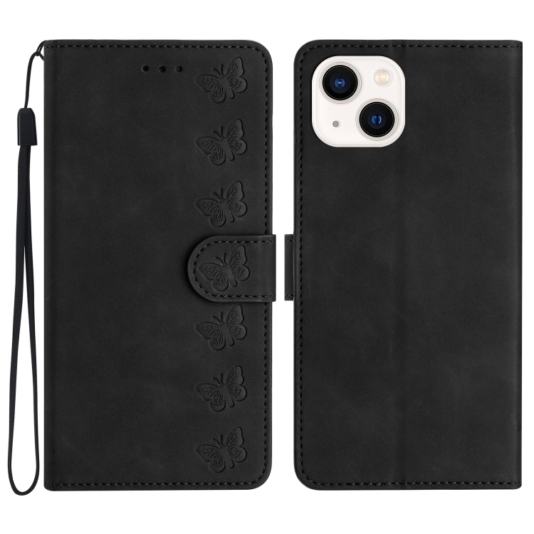 

For iPhone 14 Seven Butterflies Embossed Leather Phone Case(Black)