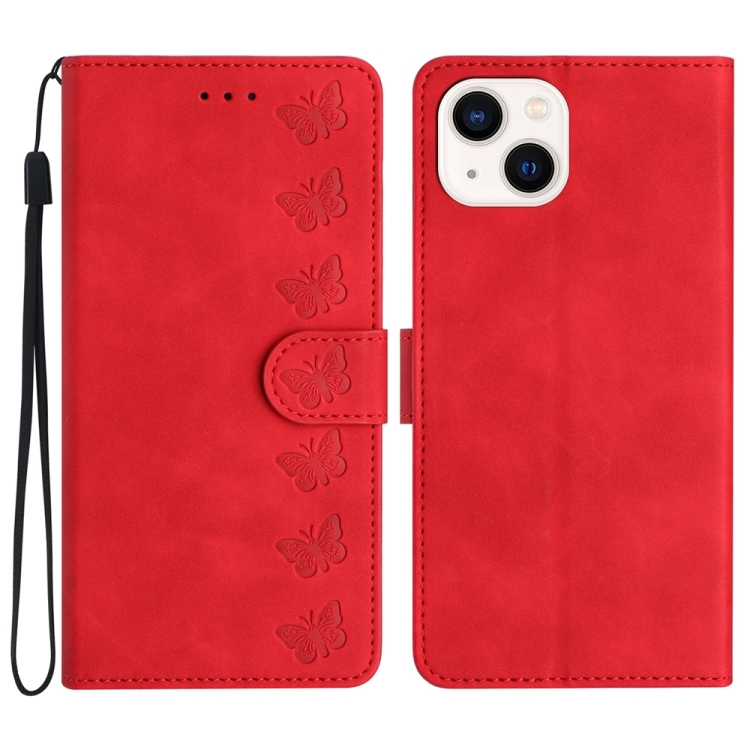 

For iPhone 14 Plus Seven Butterflies Embossed Leather Phone Case(Red)