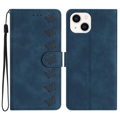 

For iPhone 14 Plus Seven Butterflies Embossed Leather Phone Case(Blue)