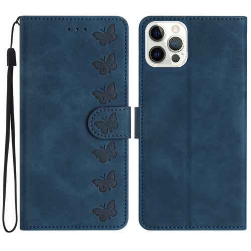 

For iPhone 14 Pro Seven Butterflies Embossed Leather Phone Case(Blue)